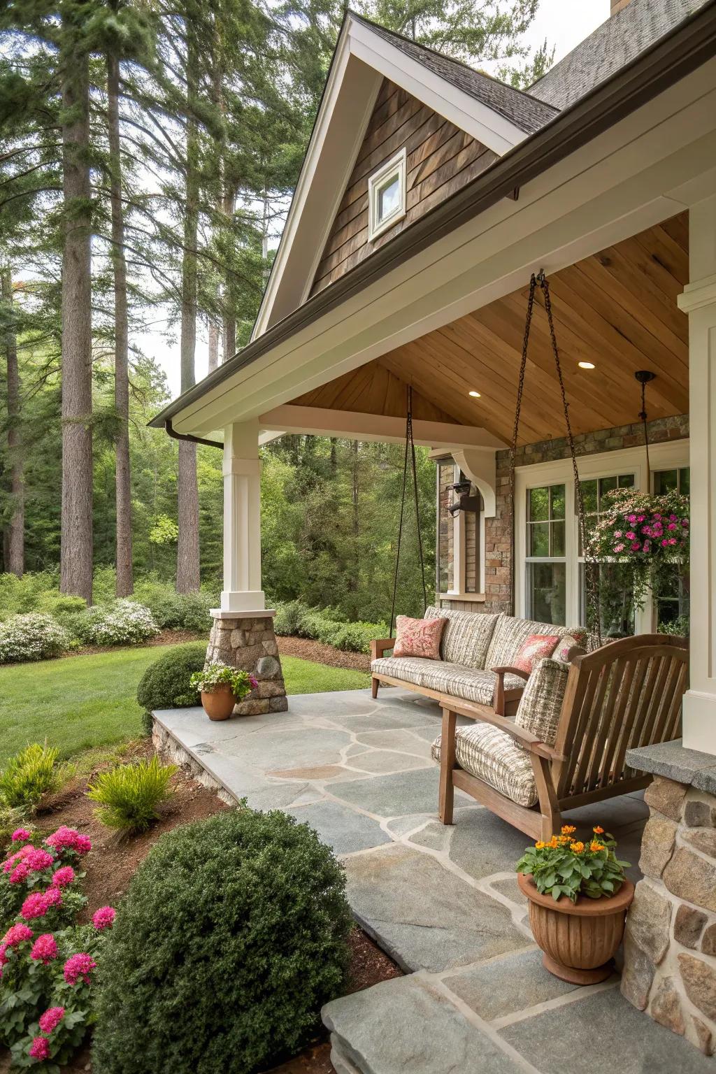 A stone foundation that amplifies the porch's inherent allure.