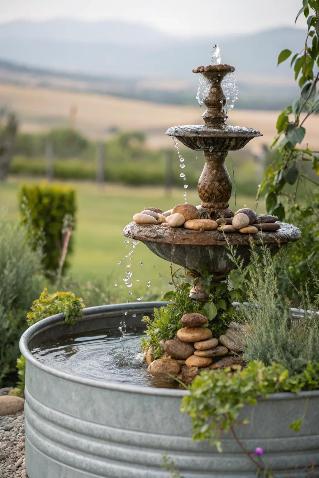 A tiered fountain adorned with shingles cultivates a restorative garden setting.