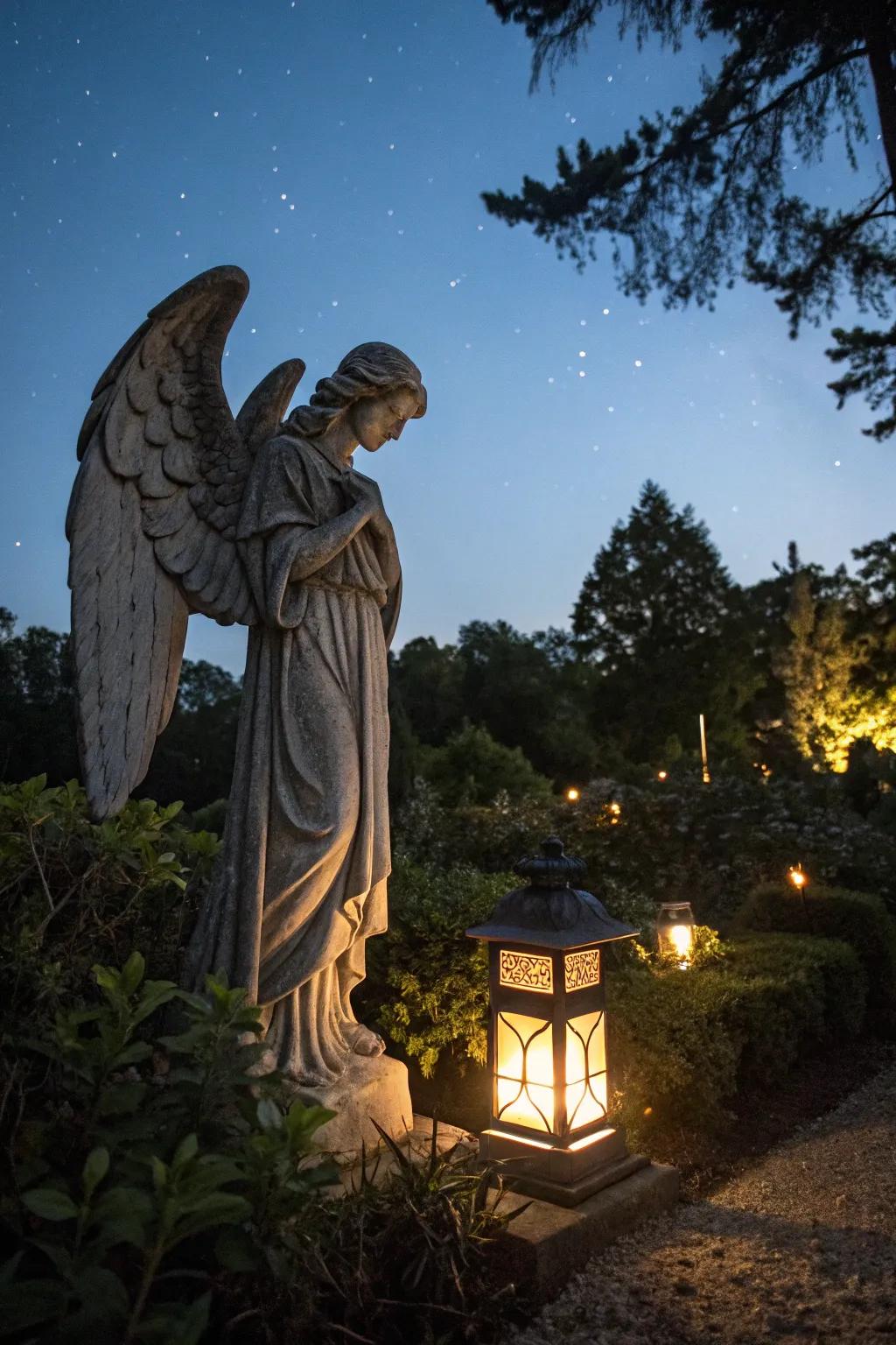 An angel equipped with a lantern casts a tender glow across the garden.