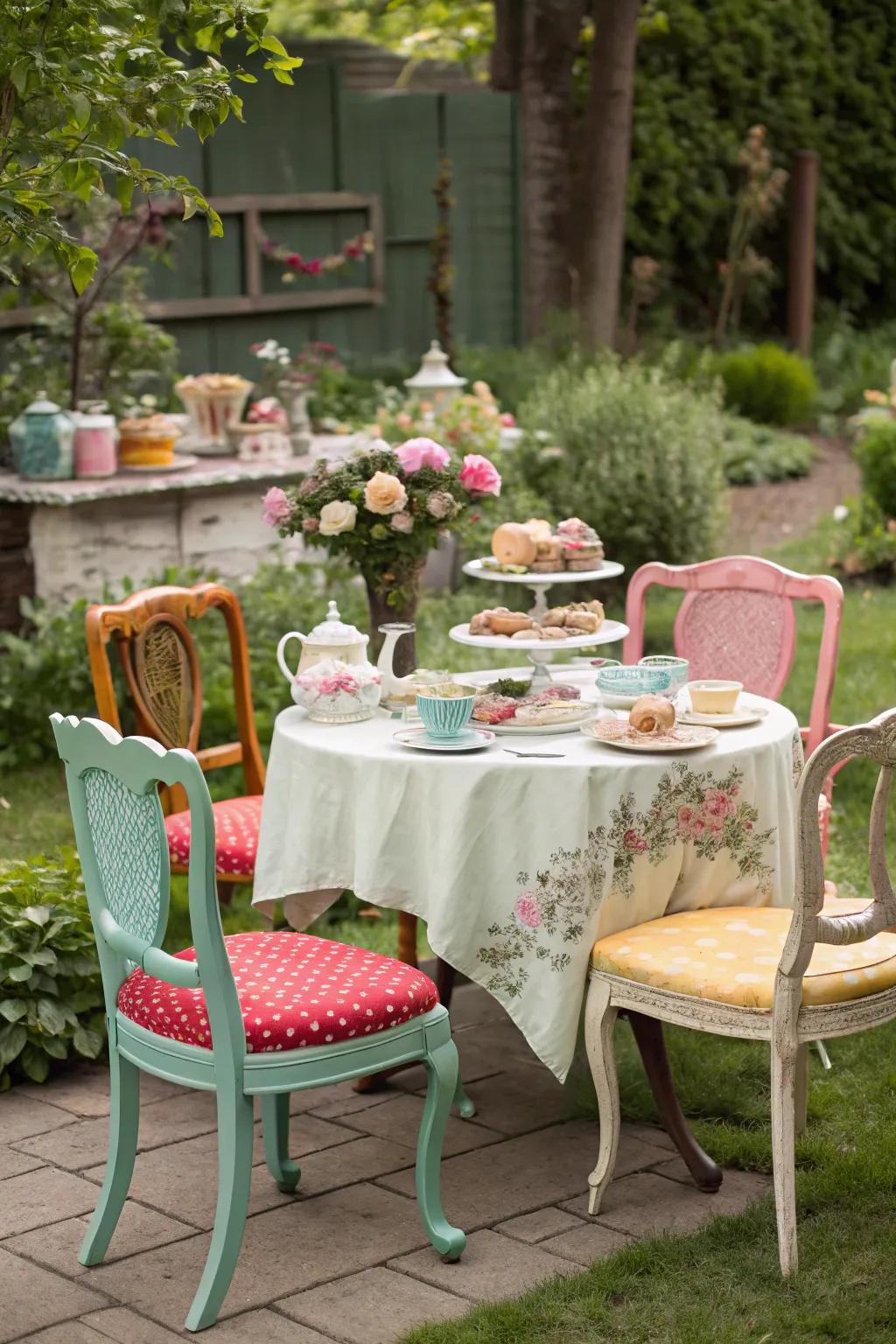 Vintage furniture brings a whimsical touch to any outdoor gathering.