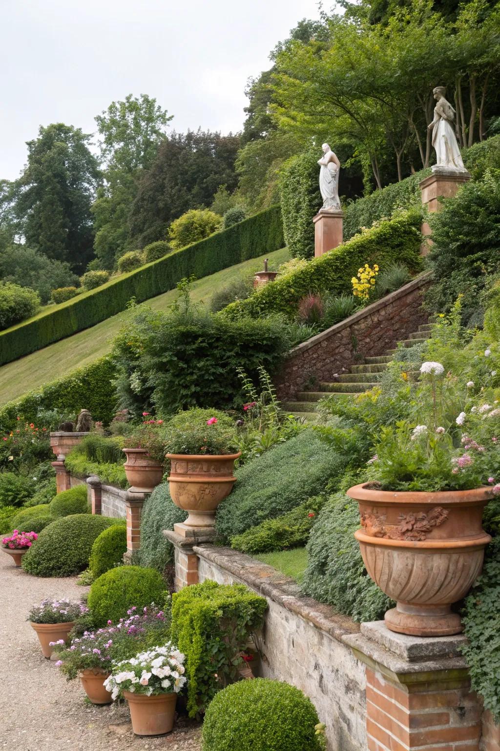 Decorative features bring character and charm to hillside gardens.