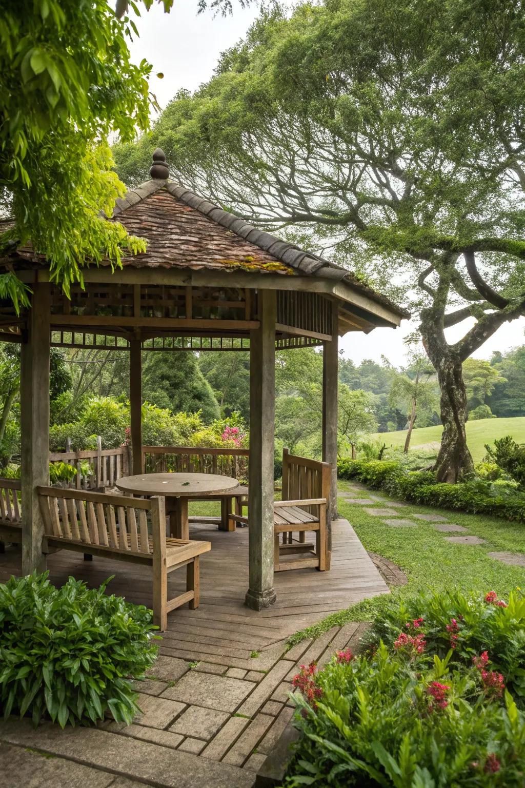 Natural wood furniture brings rustic charm to your outdoor space.