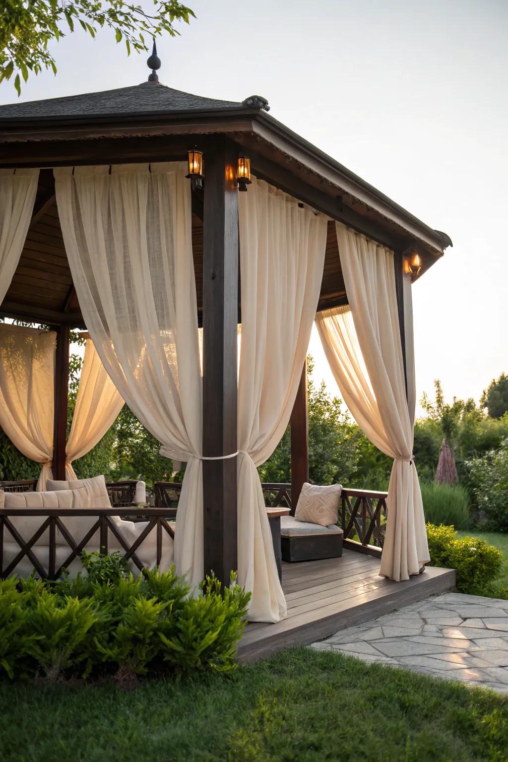 Elevate your outdoor sanctuary with the effortless elegance of fabric curtains, offering both privacy and charm.