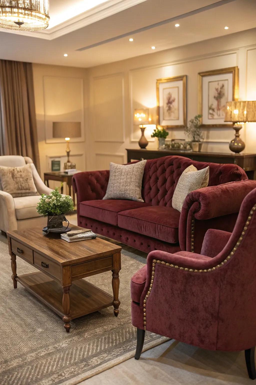 Deluxe seating in a glamorous living room perfectly blends comfort and refinement.