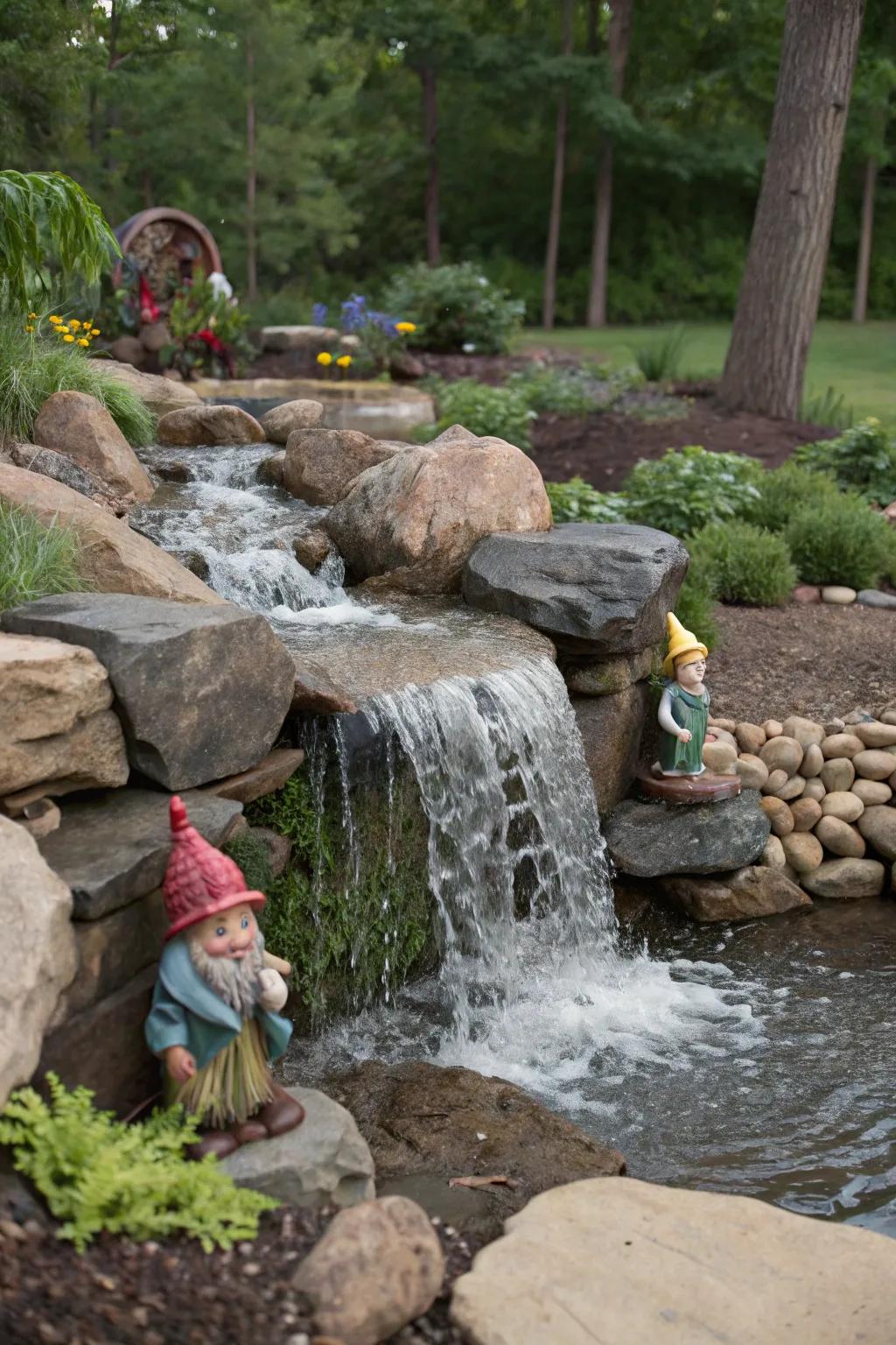 A storybook water flow infuses tranquility into any gnome garden.