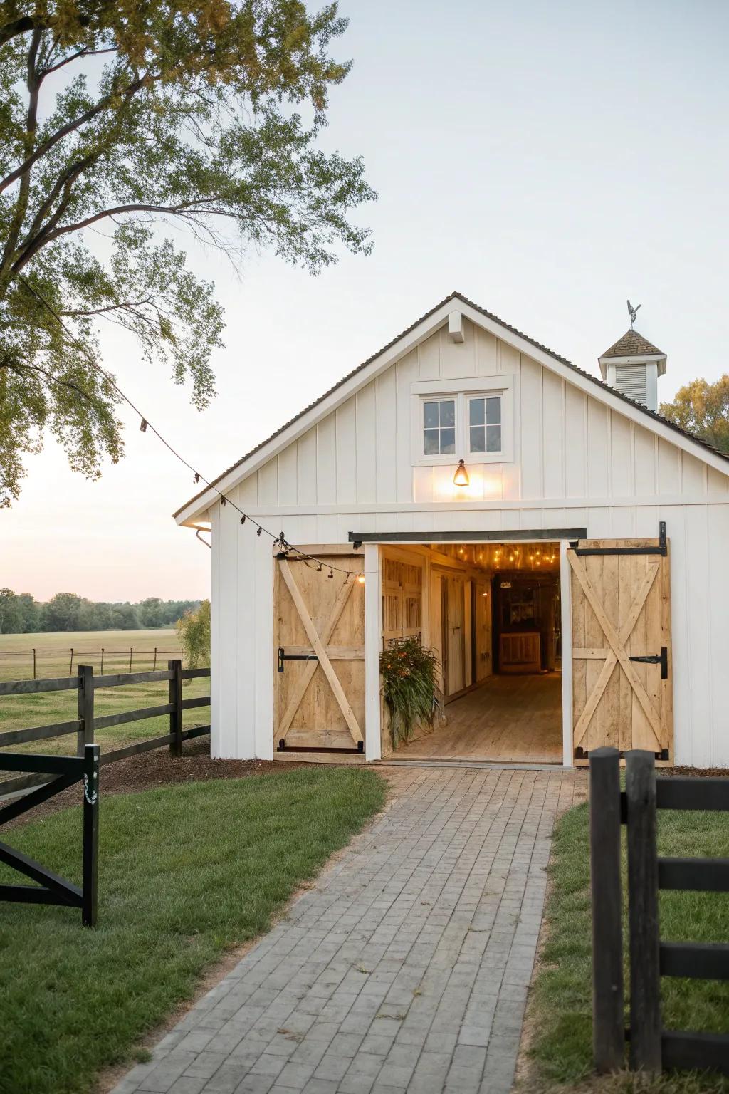 Charming split gates enhance this goat barn’s elegance.