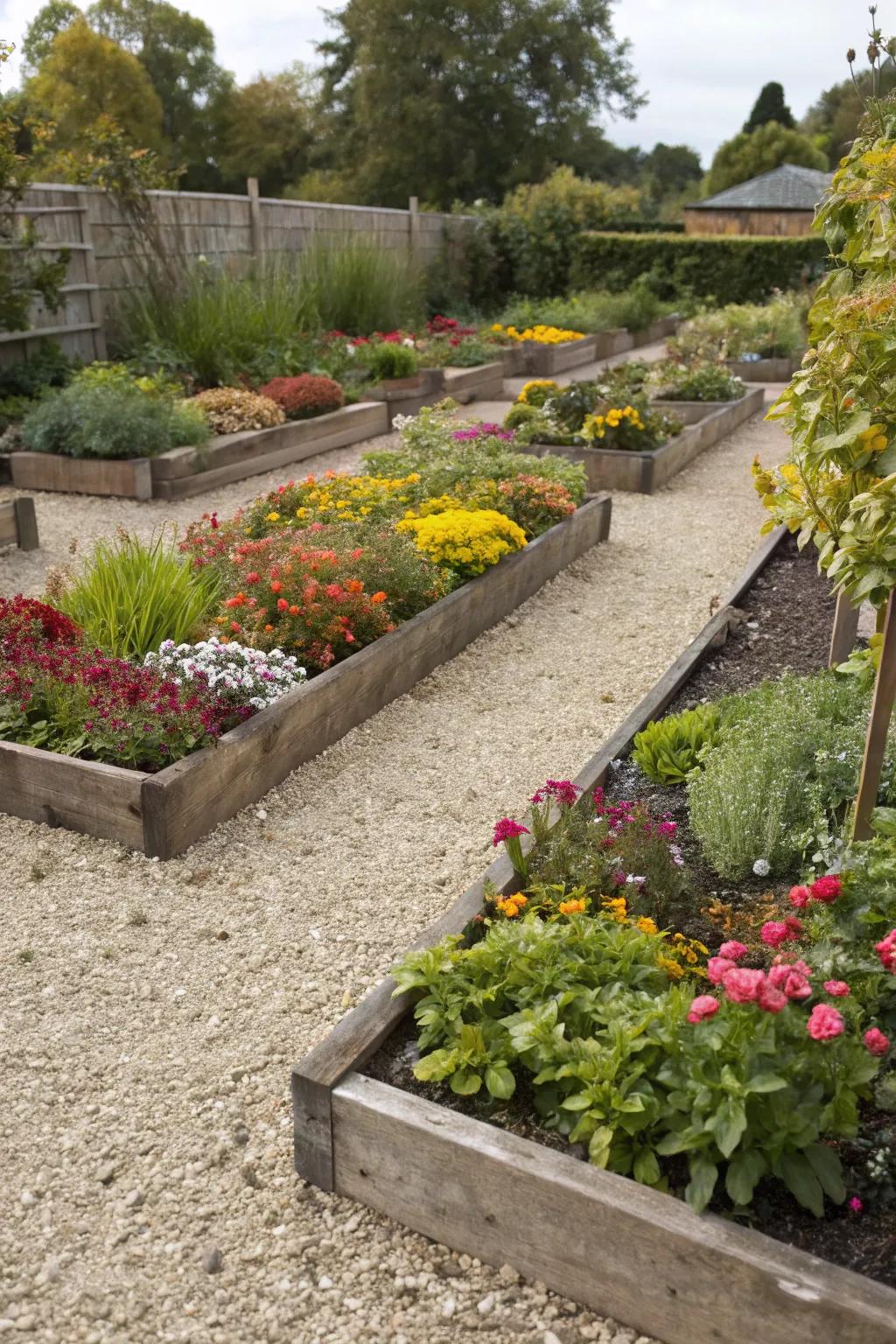 Elevated flower beds lush with gravel and lively plants
