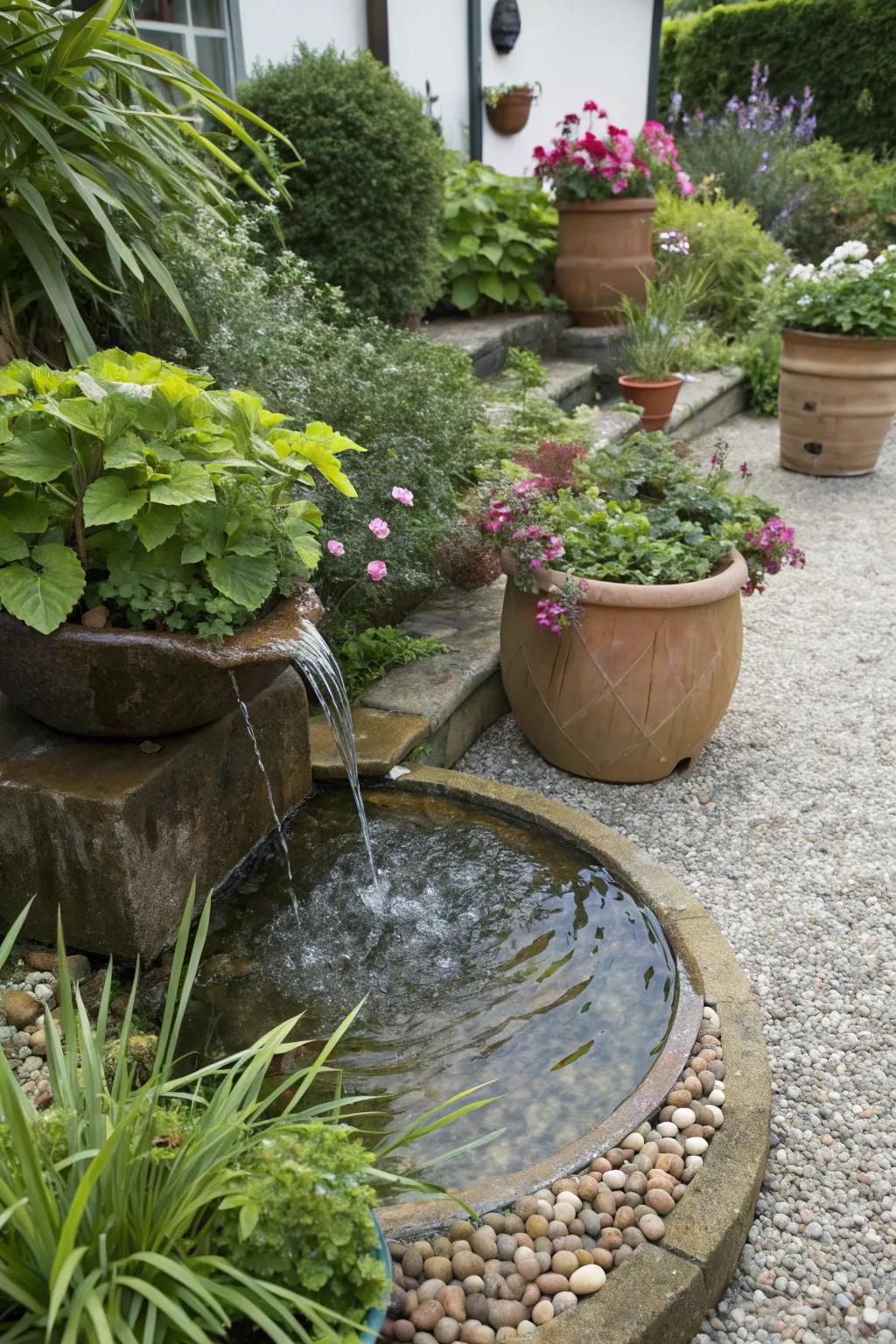 A water feature adds a soothing element to the gravel garden.