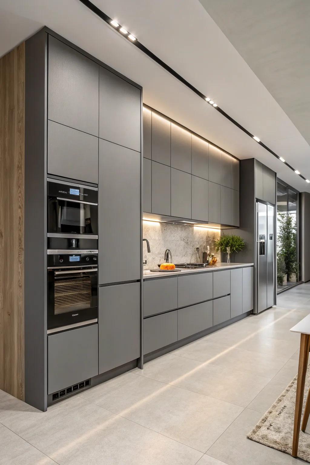 Integrated culinary tech establishes a seamless aesthetic alongside gray cabinets.