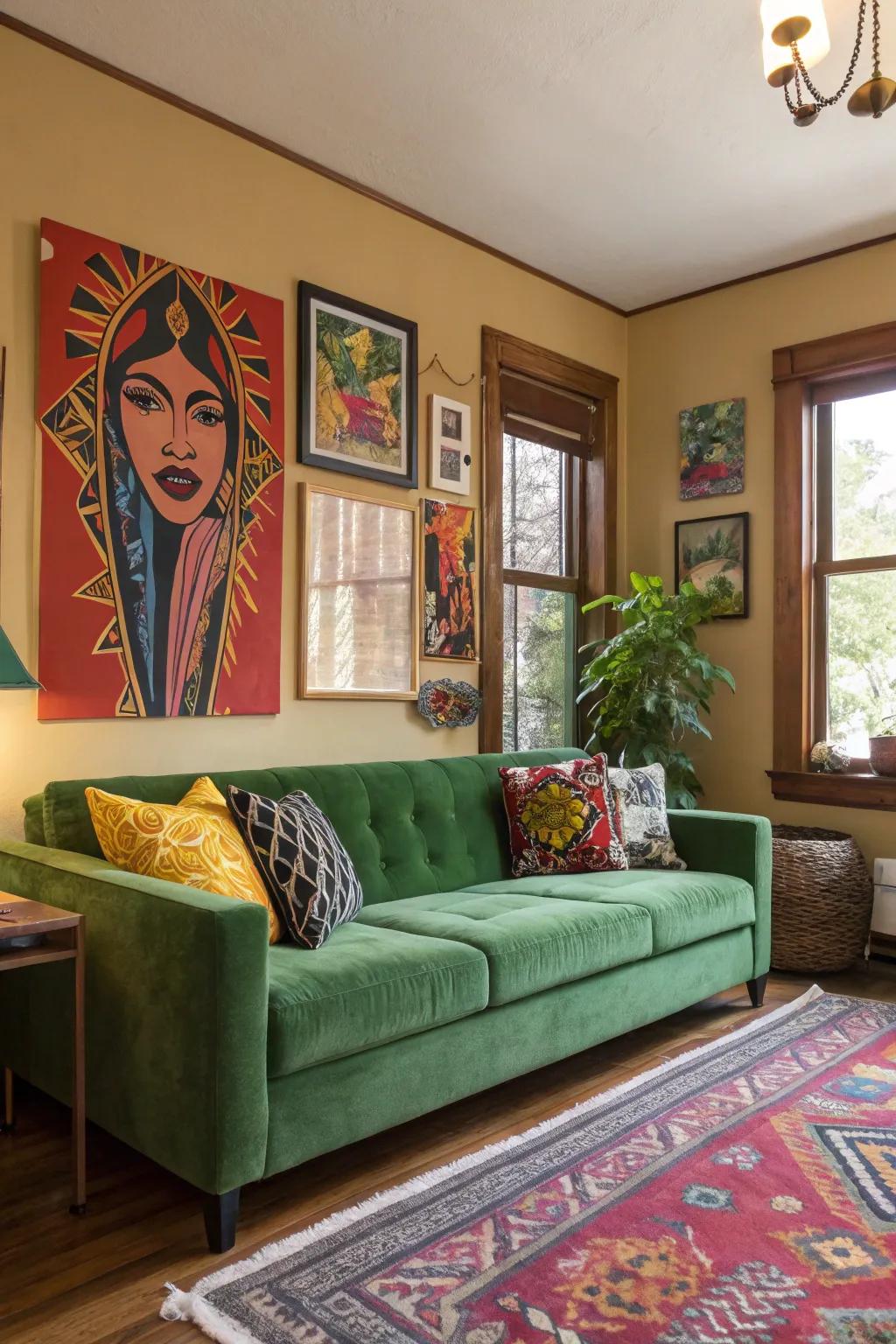 Striking visuals partner beautifully with a green couch, crafting a captivating statement.