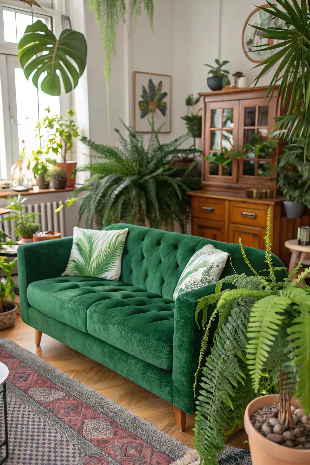 An exuberant living space featuring an emerald plush sofa and plentiful indoor plants.