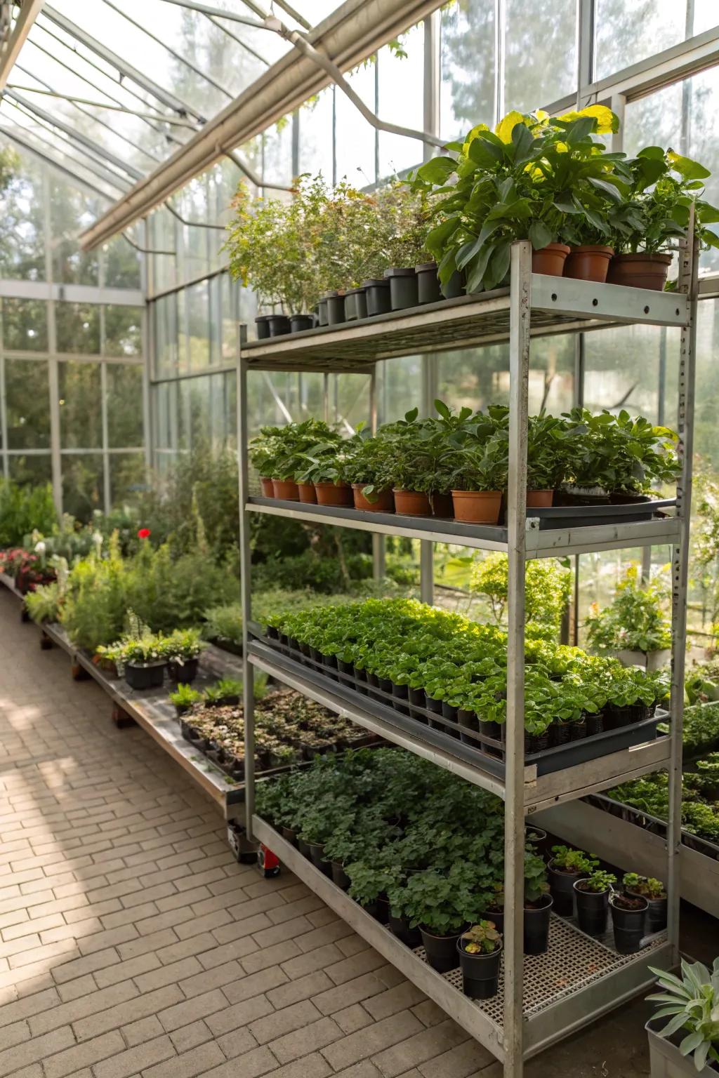 Staggered shelving in a greenhouse, showcasing a broad assortment of flora.