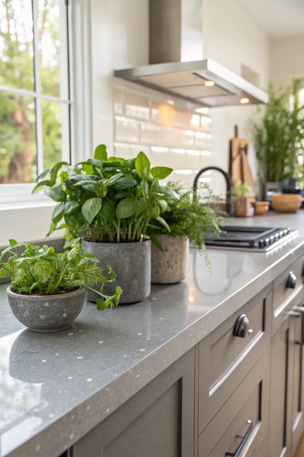 Eco-friendly kitchen featuring grey repurposed glass worktops.