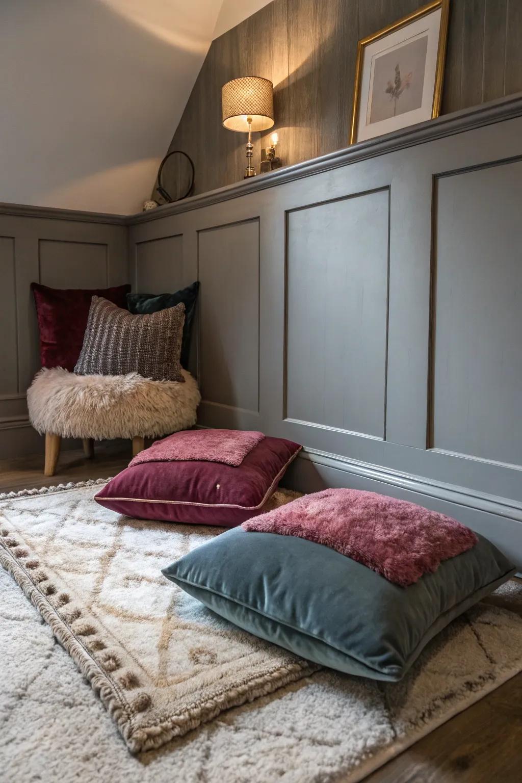 Plush details enhance a luxurious impression within this grey themed space.