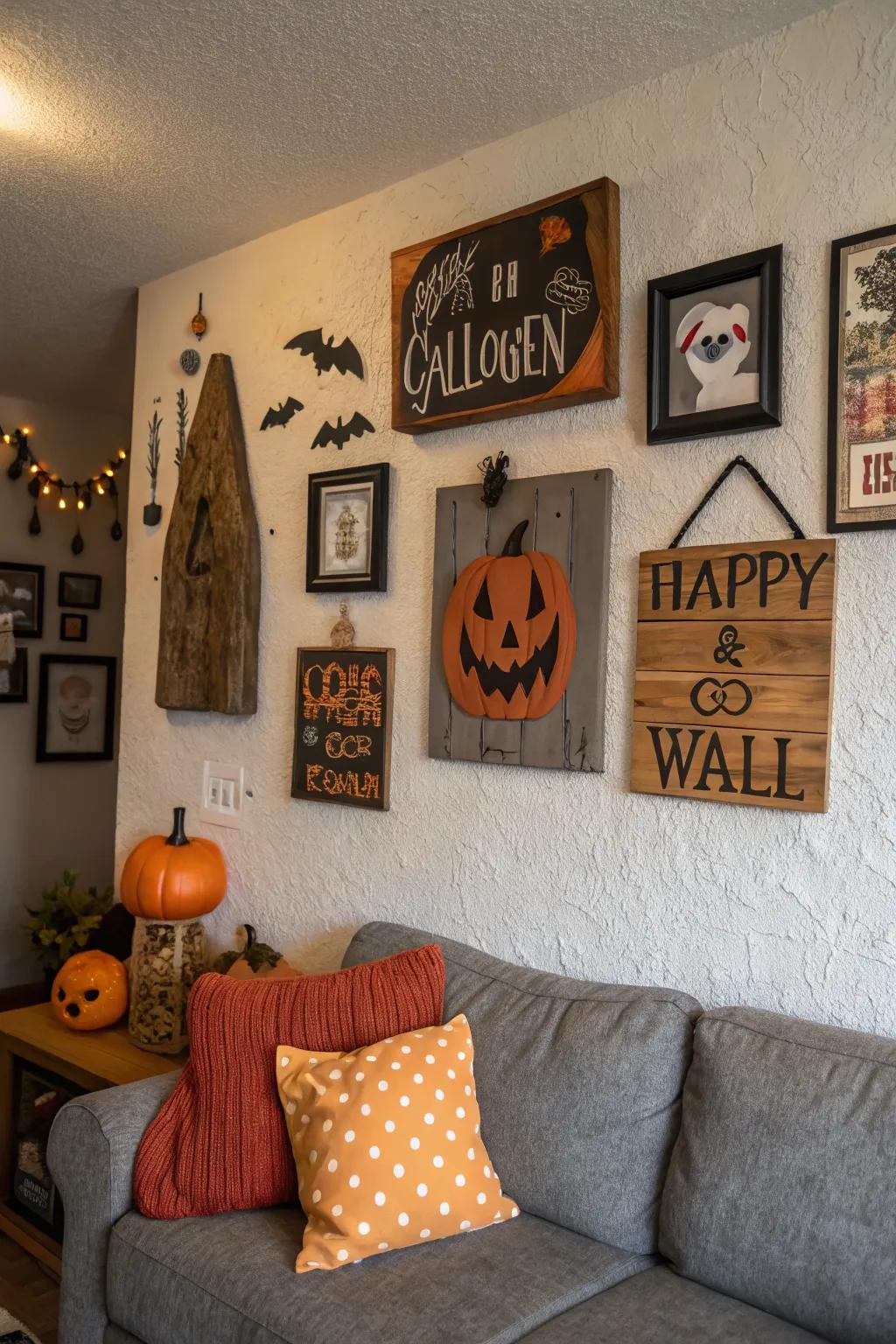 Wall art and signs complete the Halloween transformation.