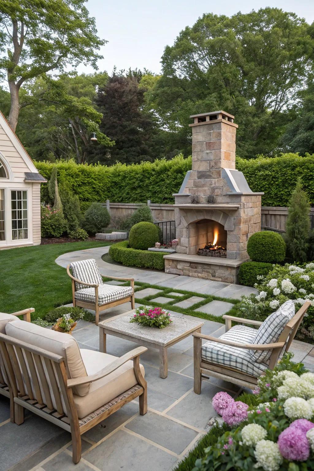 A snug hearth element cultivates an intimate gathering spot in your Hamptons-themed backyard.