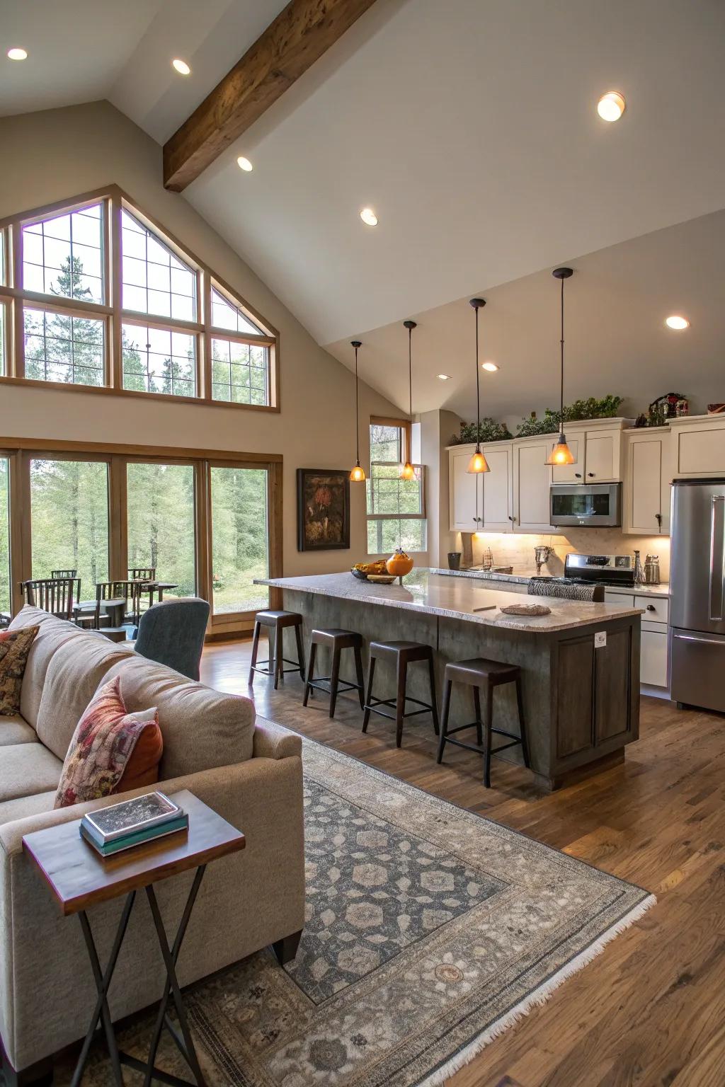 A kitchen that effortlessly merges with the living area for a cohesive open-plan space.
