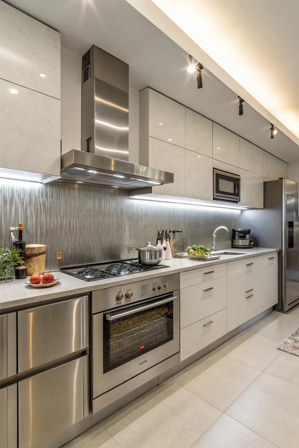 Metallic backsplash for an industrial-chic look.