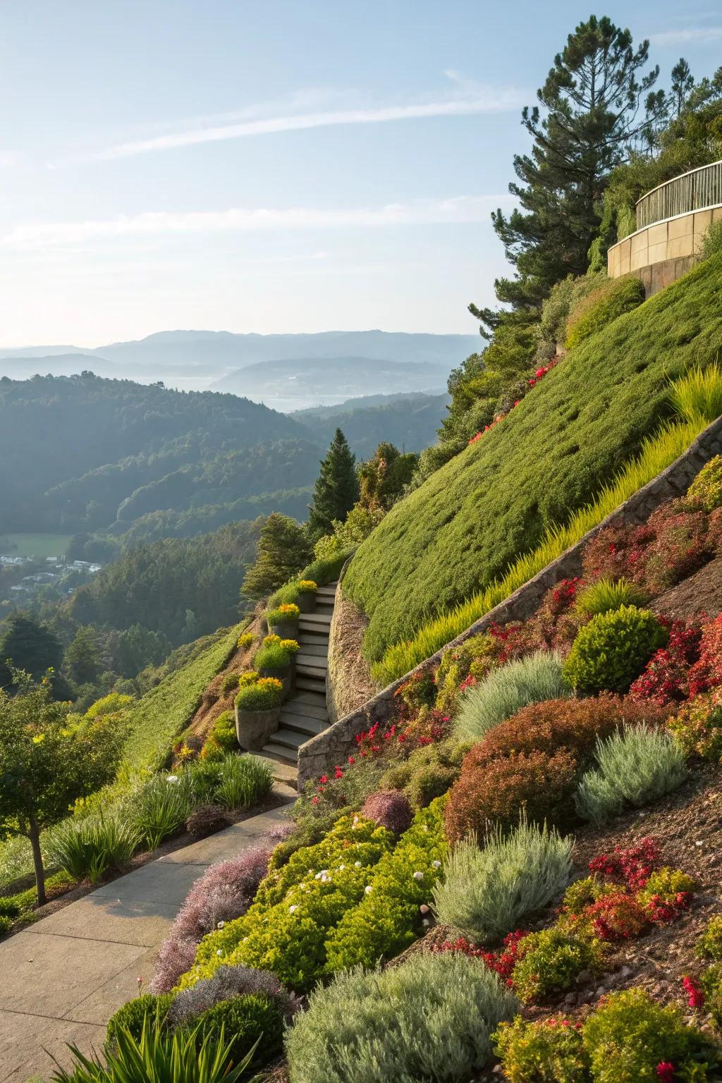 Layered growing adds depth and texture to a hillside garden.