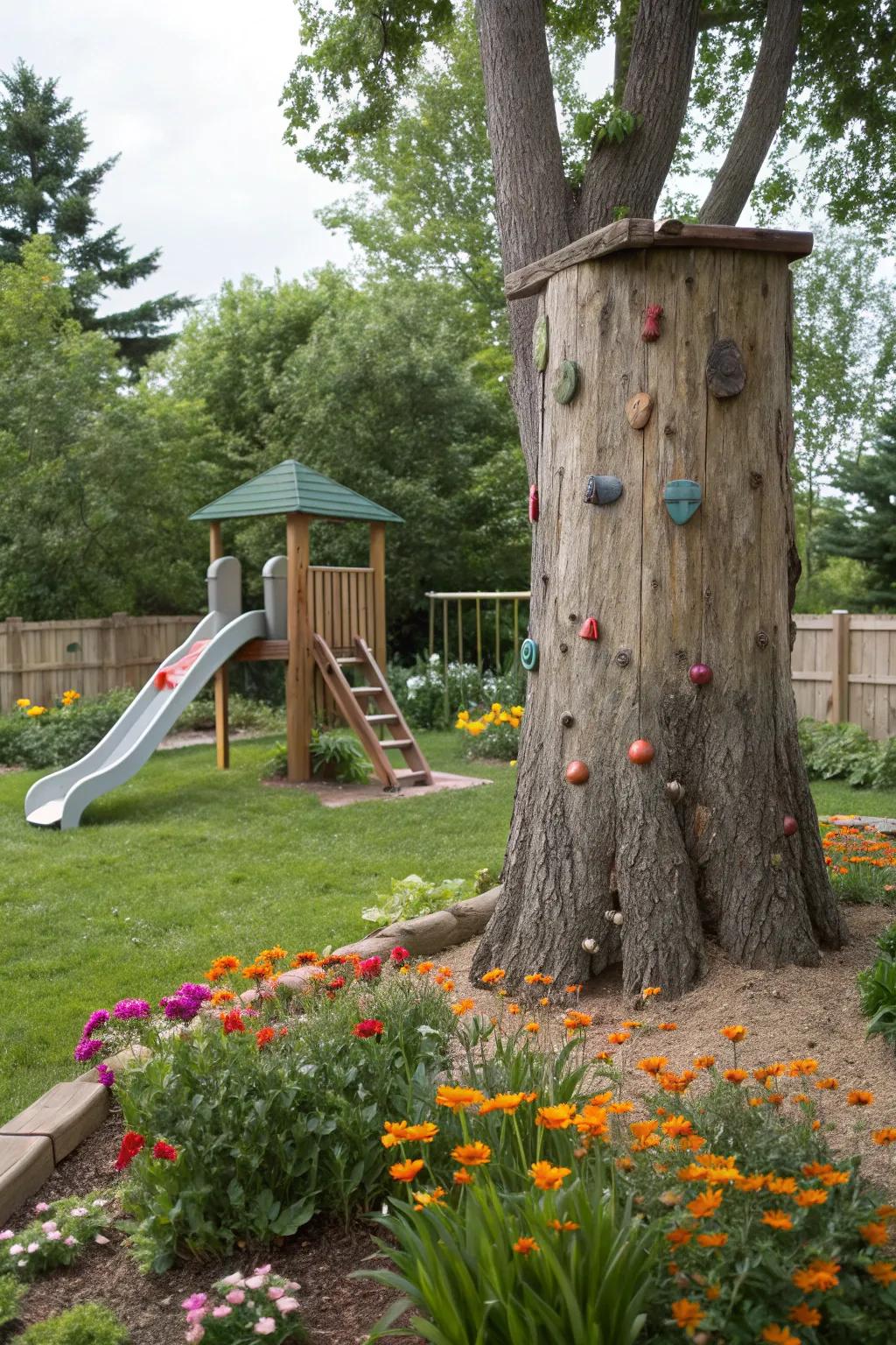 A playful kids' area using a tree stump as a climbing feature.