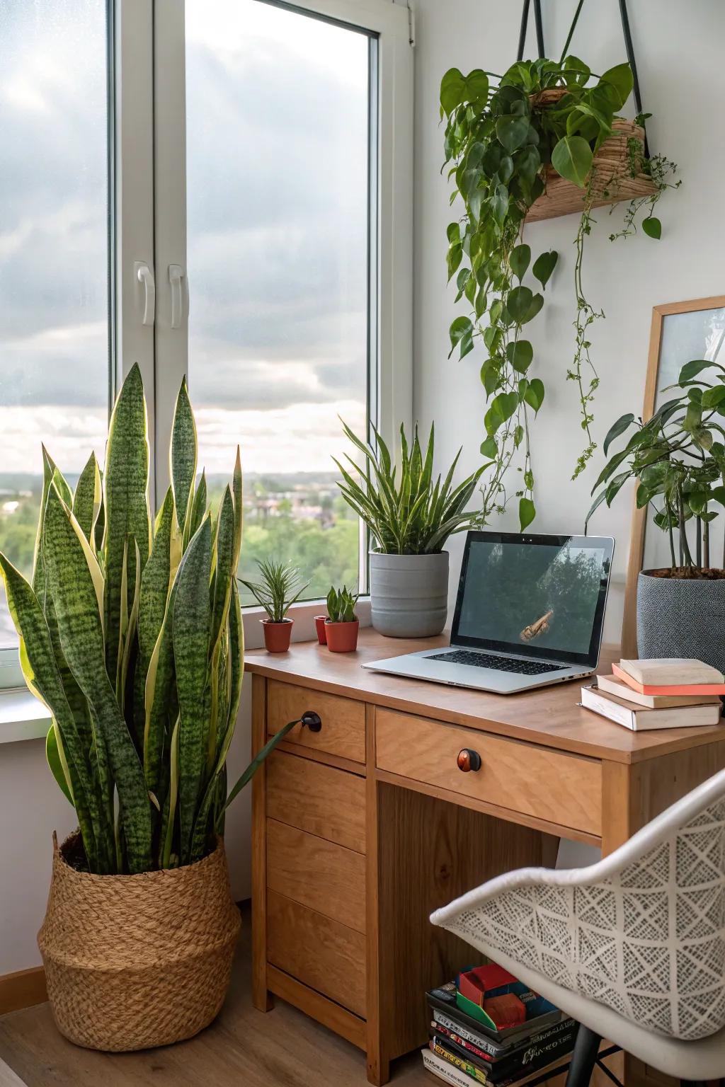 Plants add a natural touch and purify the air in your home office.