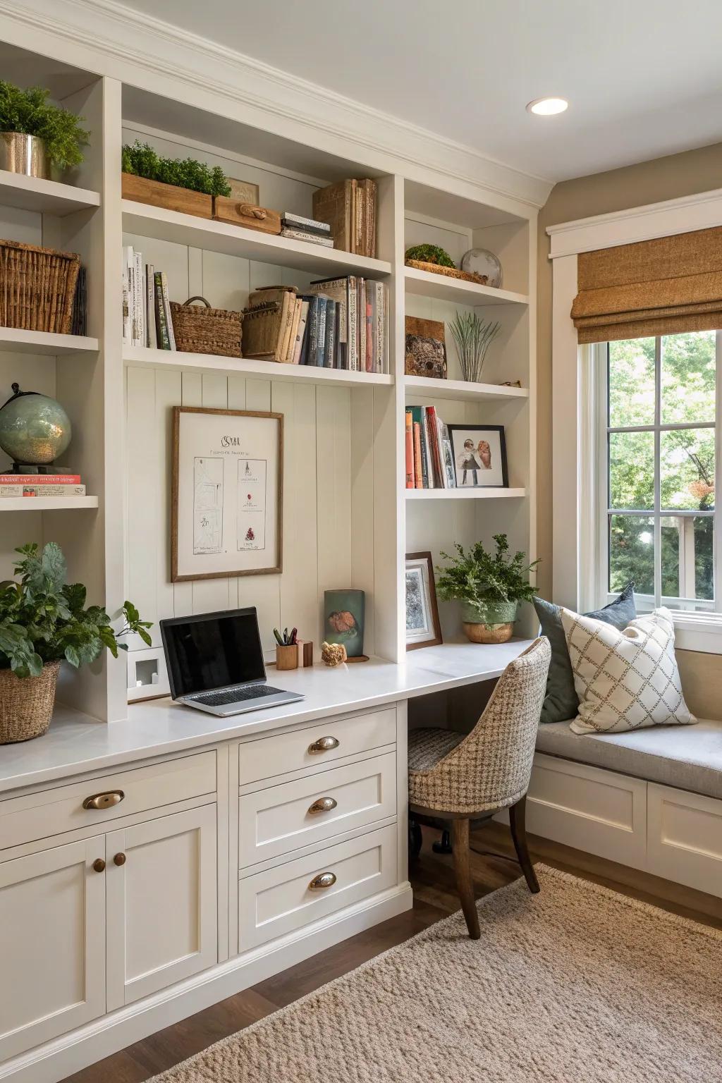 Built-in storage solutions for an organized home office.