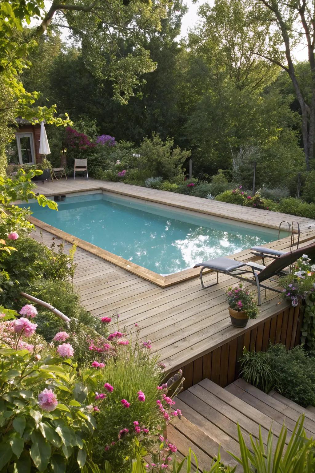 An above-ground pool beautifully integrated into the backyard.