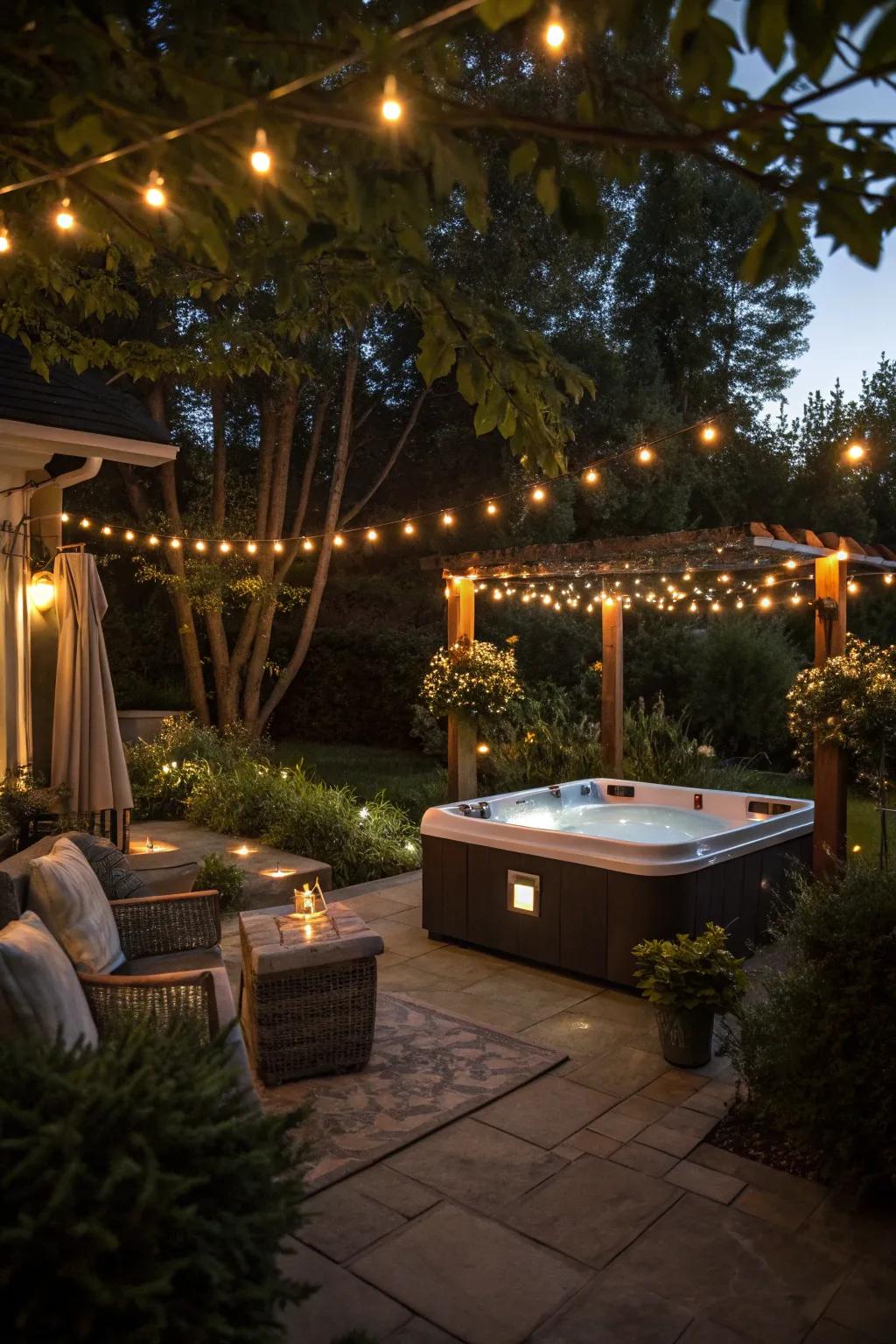 Ambient lighting transforms the hot tub area into a magical retreat.