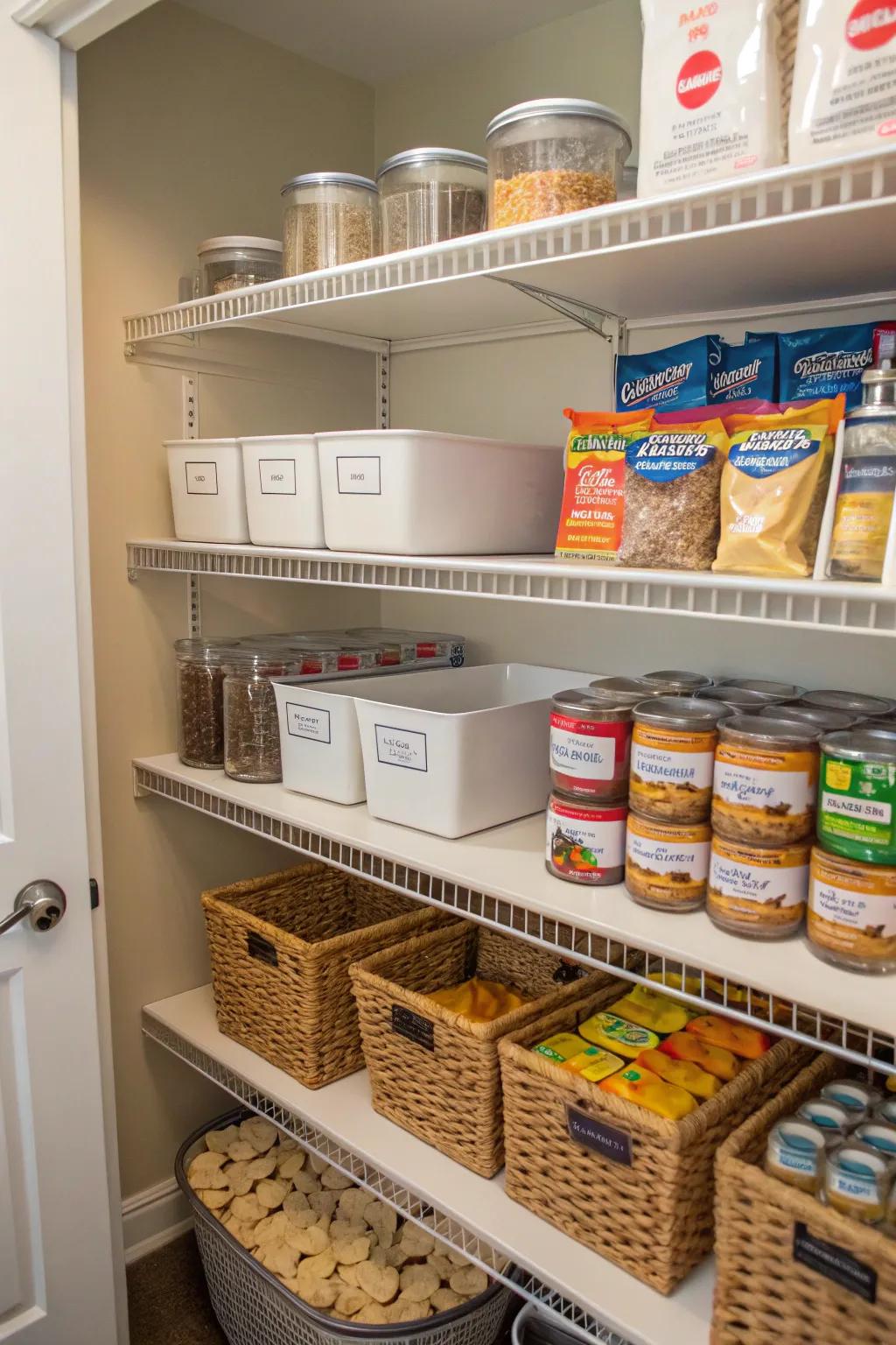 Clearly defined sections maintain pantry items arranged and easy to locate.