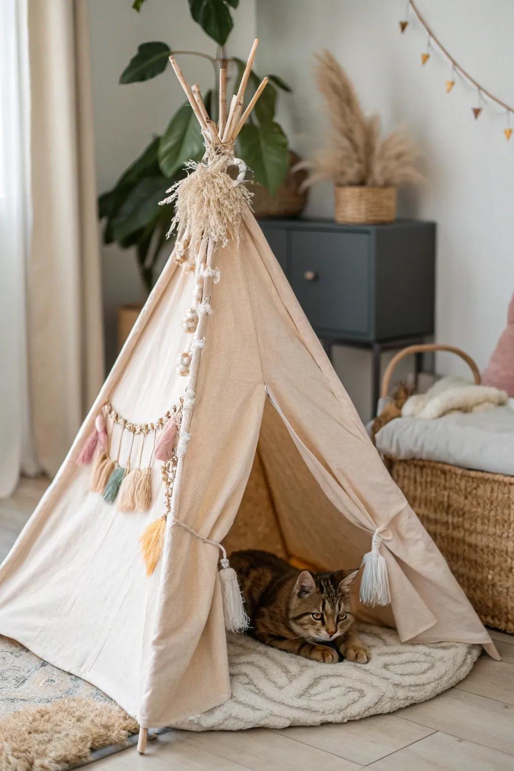 A teepee tent offering a comfortable retreat for your feline.