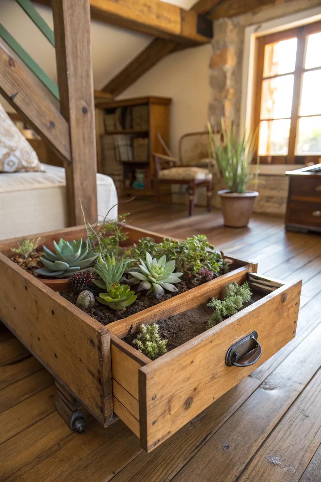 Repurpose furniture pieces as planters for a creative and eco-friendly touch.
