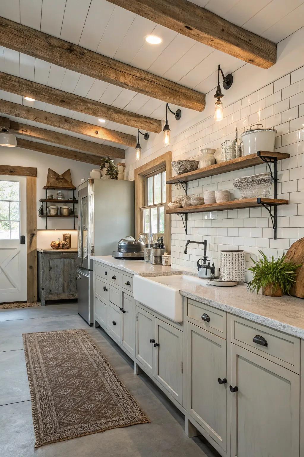 Neutral hues create a calming atmosphere in this industrial farmhouse kitchen.