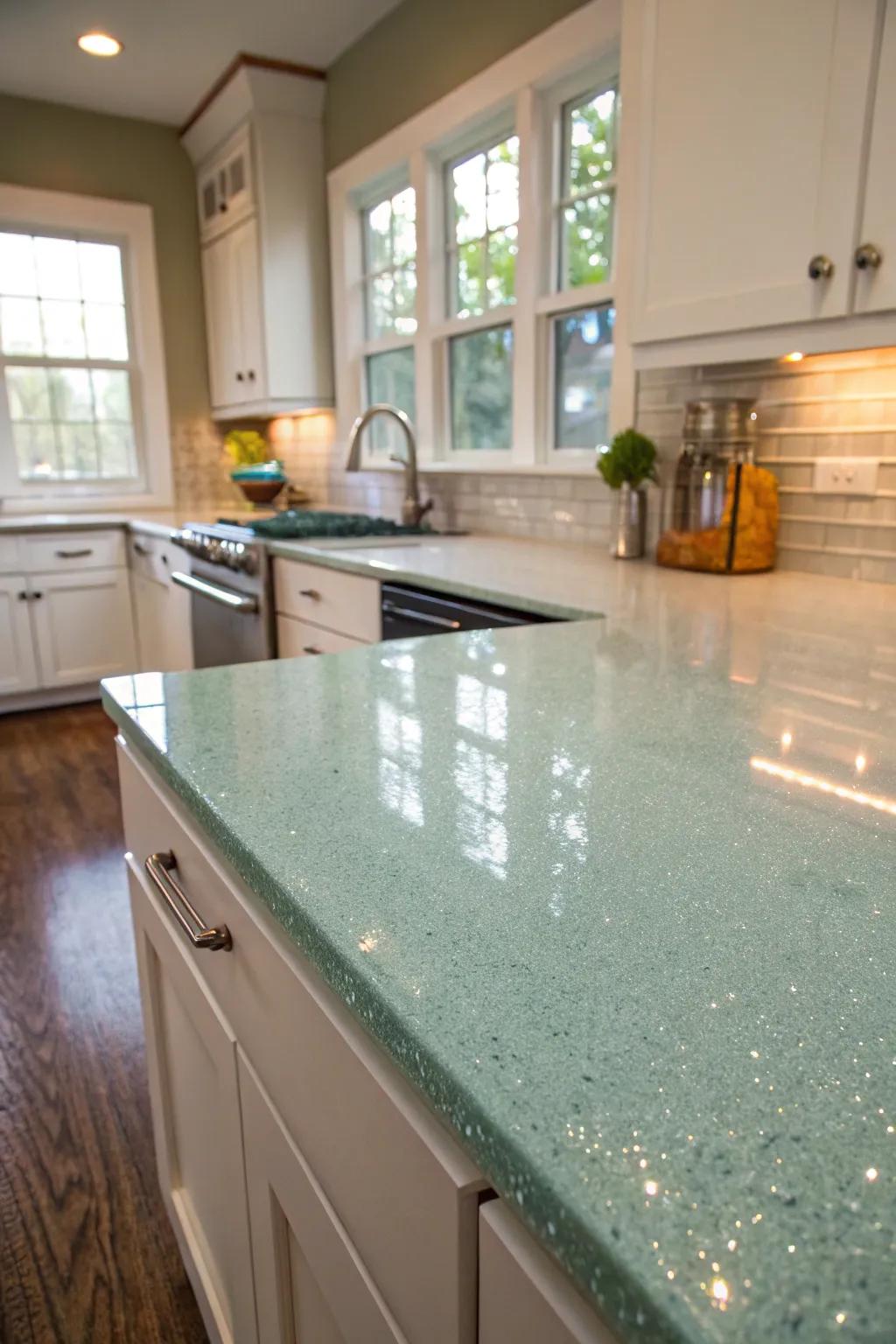 Reclaimed glass surfaces offer a distinctive and eco-conscious kitchen solution.