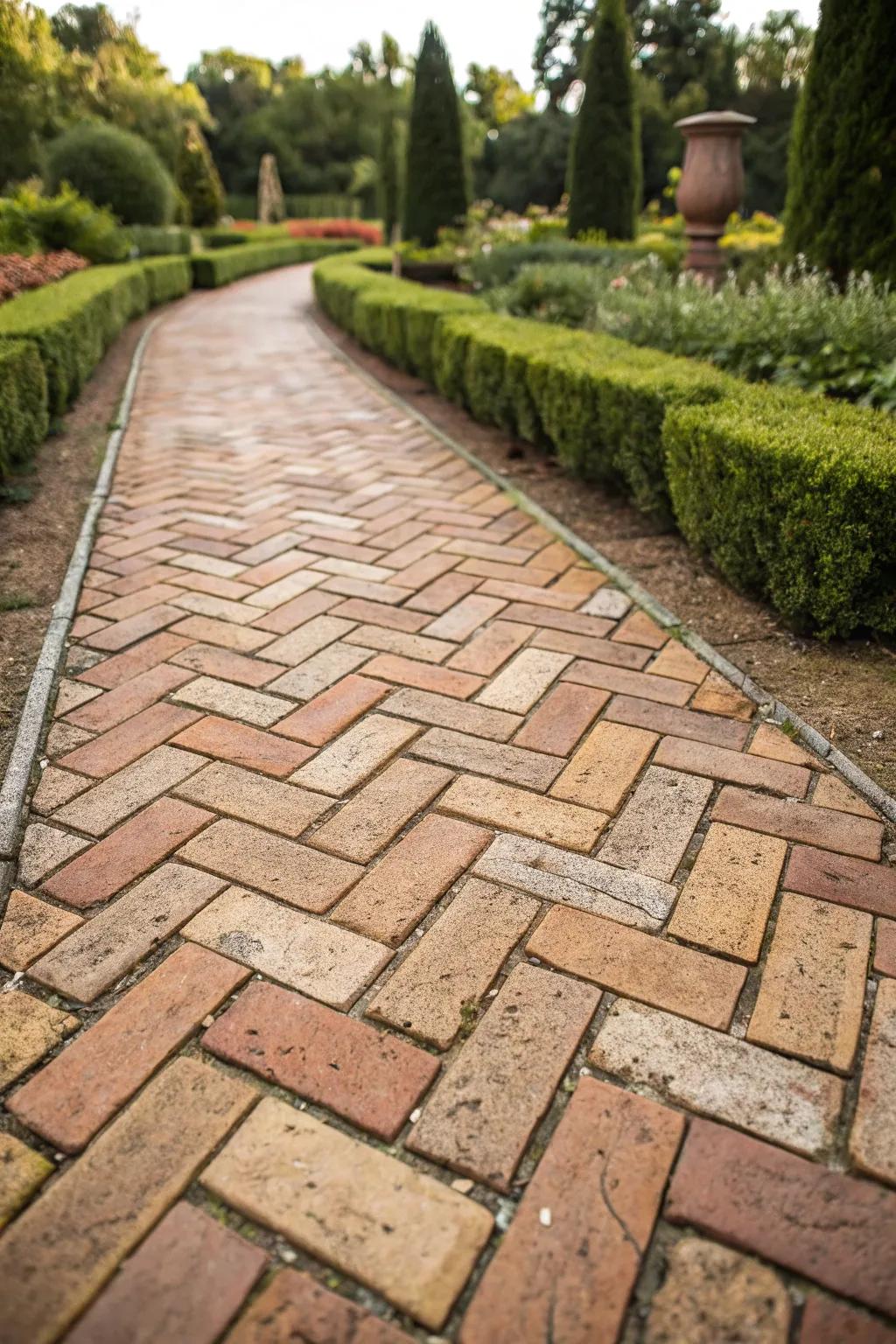 Elevate your garden with a classic herringbone brick path for timeless elegance.
