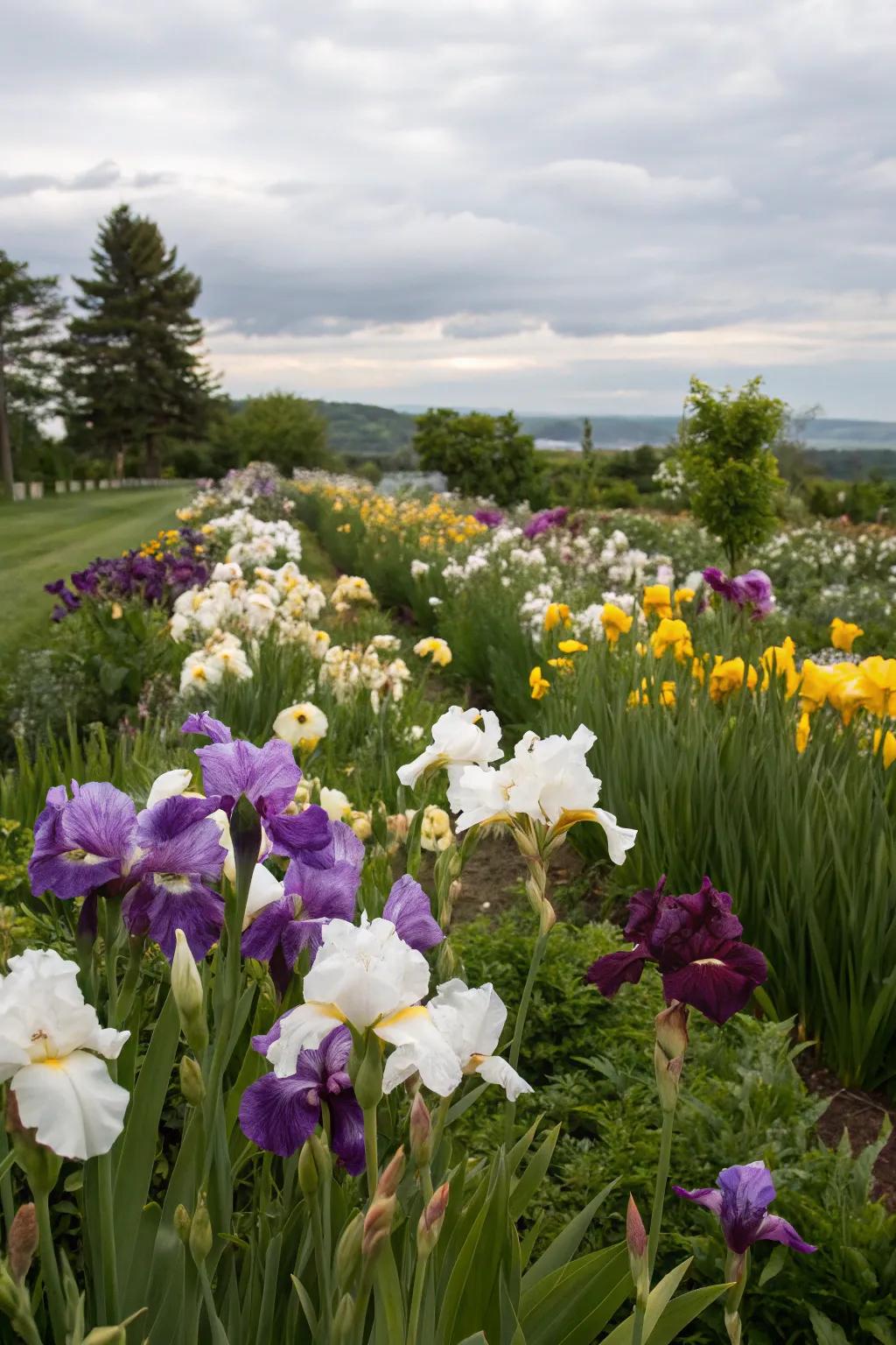 A vibrant mix of iris colors creating a dynamic garden palette.