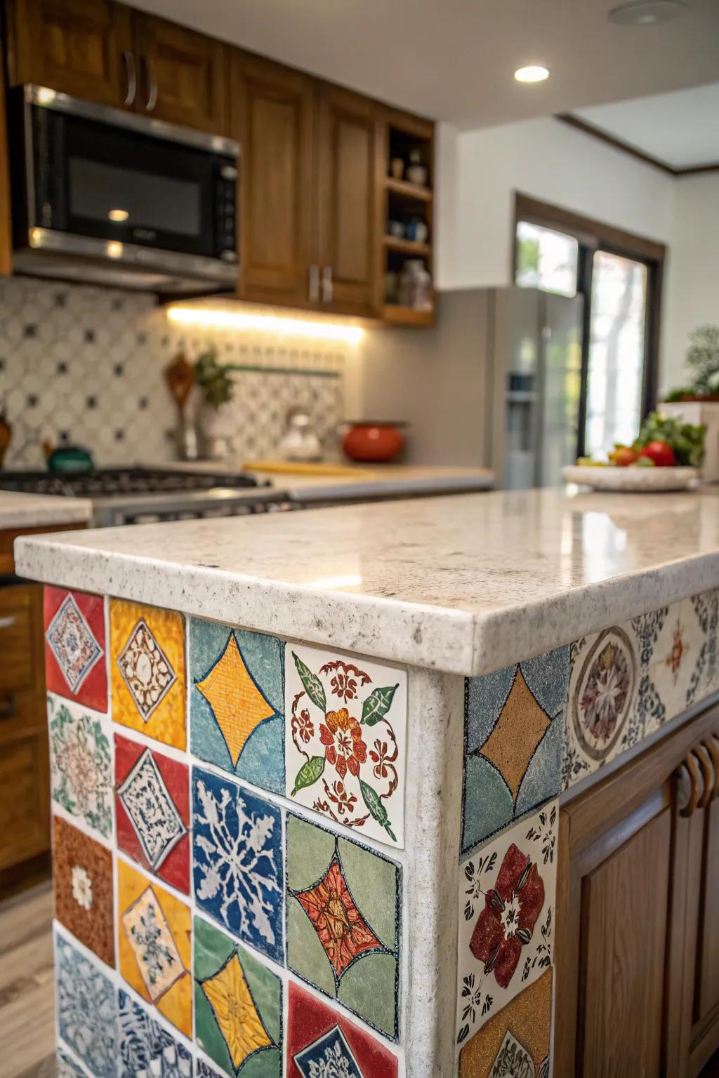 Mosaic countertops introduce a burst of color and rich textures, enriching the visual and tactile experience of your kitchen island.