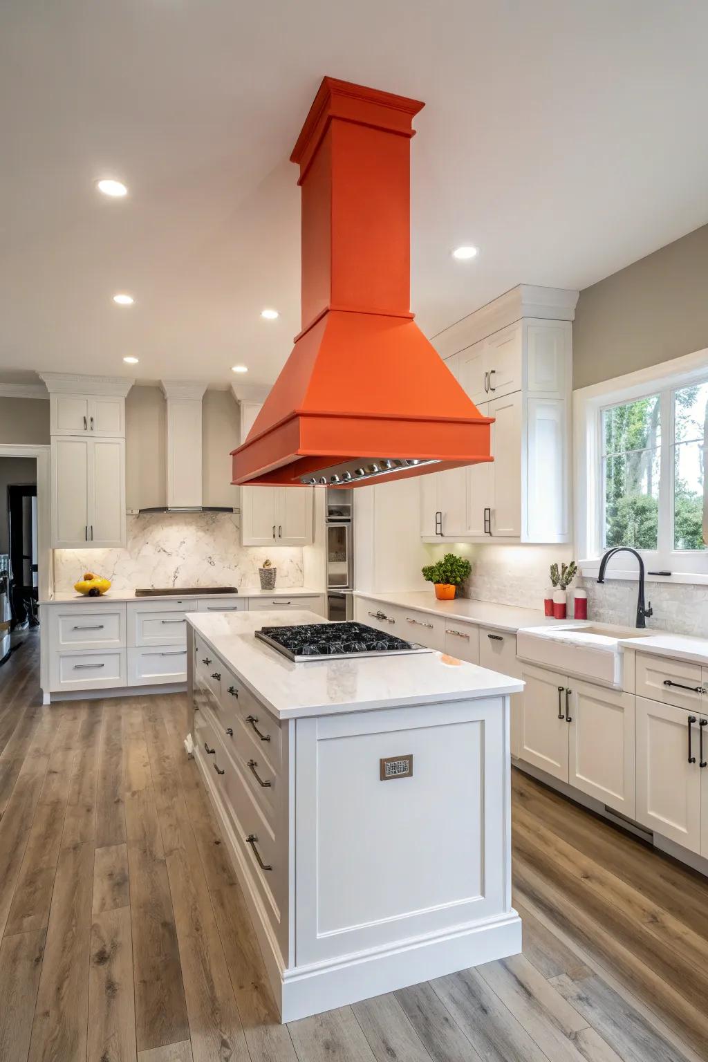 A bold-colored range hood makes a dramatic statement.