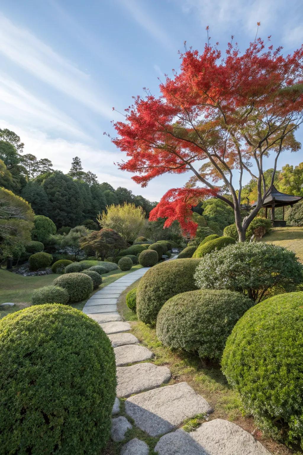 Lush greenery and a brilliant maple tree in a Japanese garden.