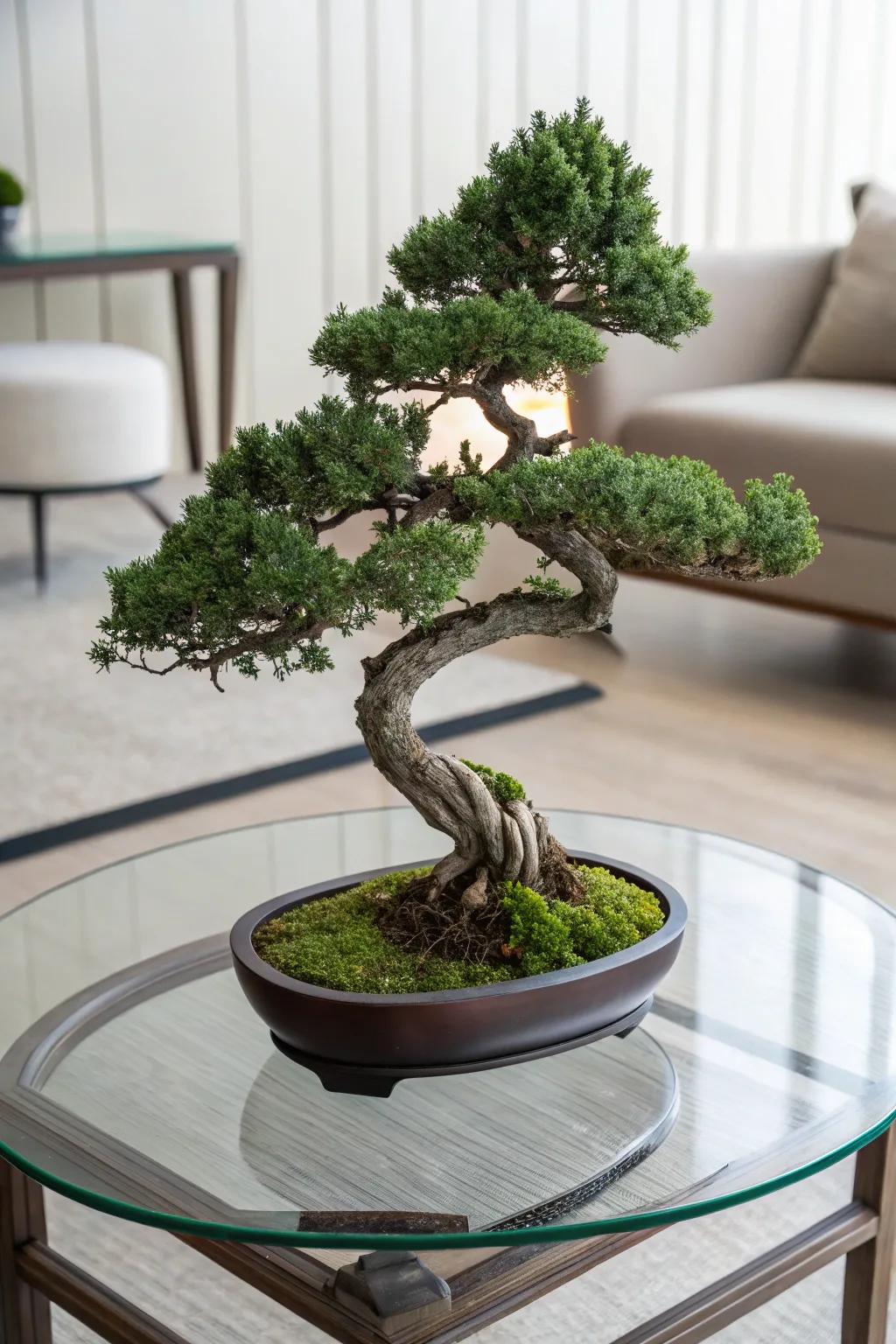 A semi-waterfall juniper bonsai introducing beauty to a fashionable glass coffee table.