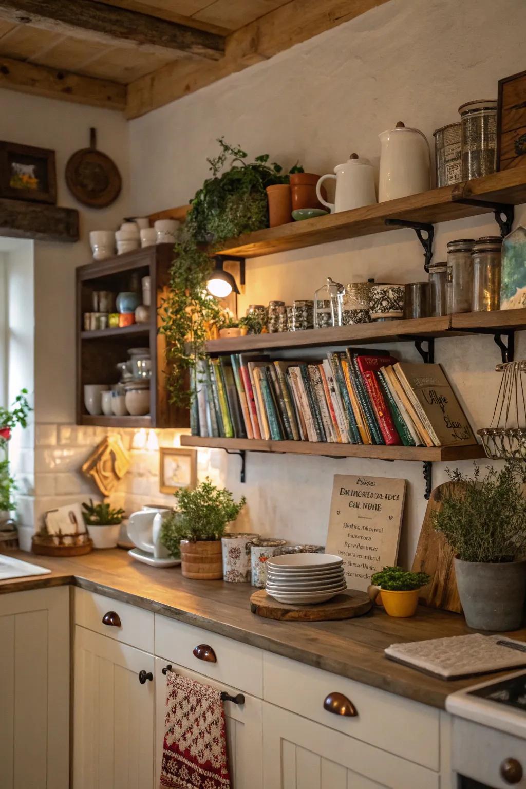 Kitchen with functional and decorative open shelving.