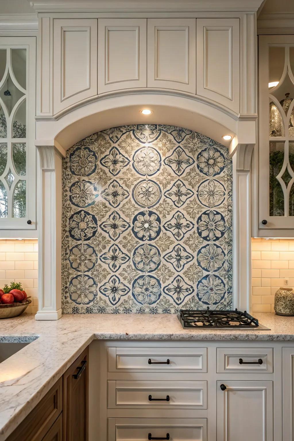 Intricate tiles create an eye-catching backsplash in this kitchen alcove.
