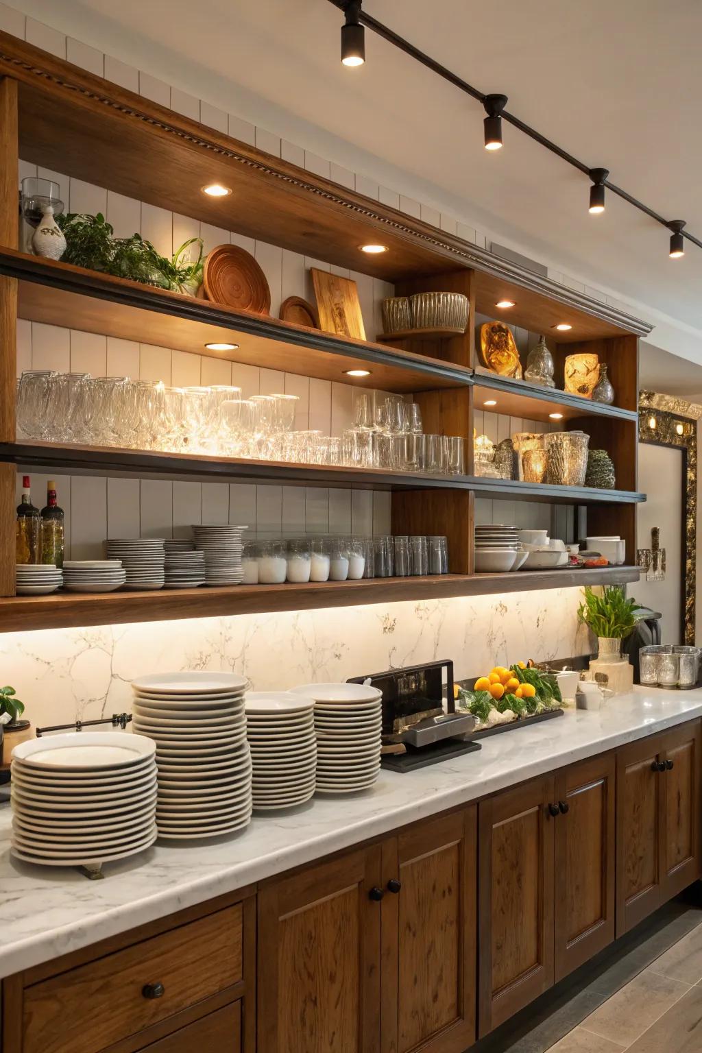 Open shelving adds storage and personal touches to your bar.