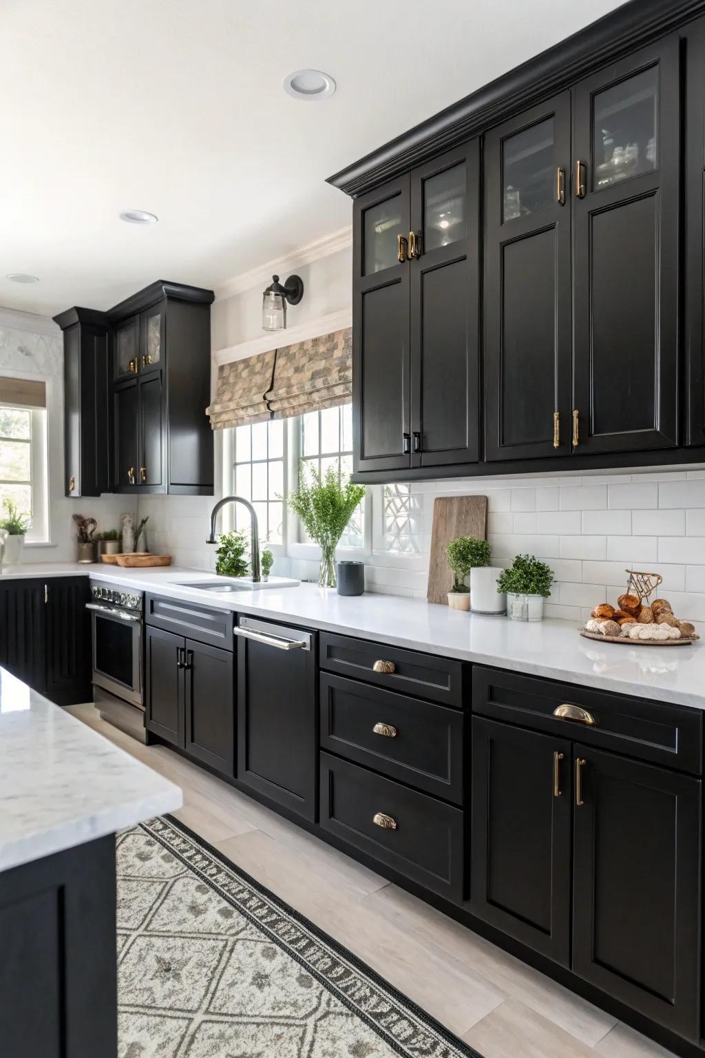 Striking black accents create a strong visual impact in the kitchen.