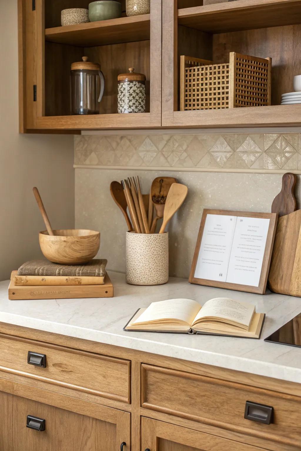 A kitchen desk area with a neutral color scheme that complements the overall kitchen design.