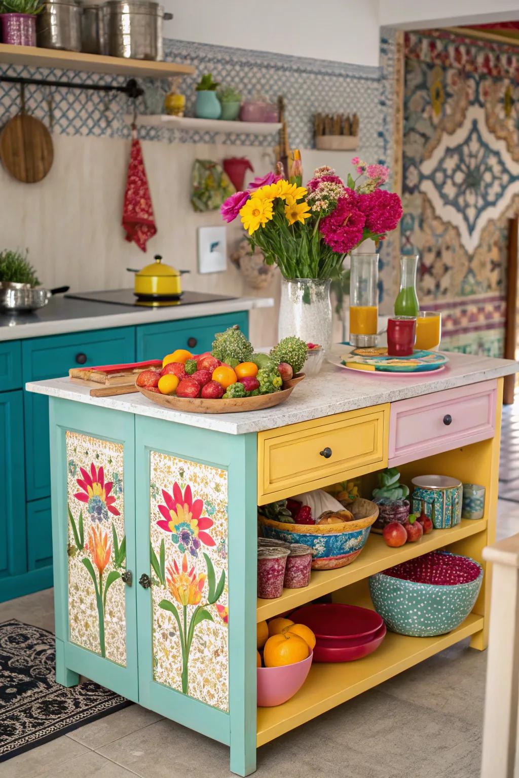 A boldly painted rear panel introduces a dash of color and character to this cooking island.