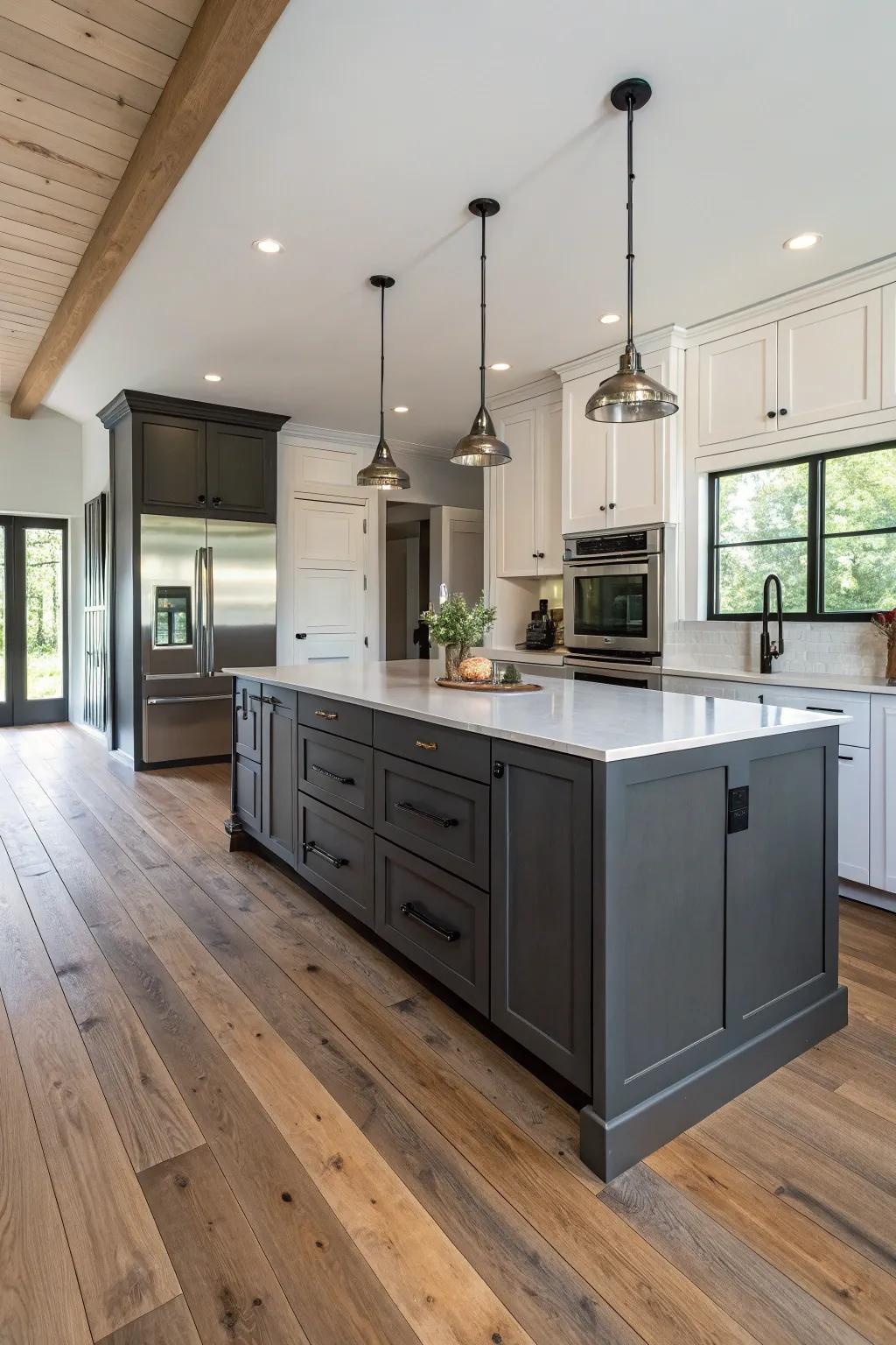 A graphite gray kitchen island exudes modern elegance in this fashionable kitchen.