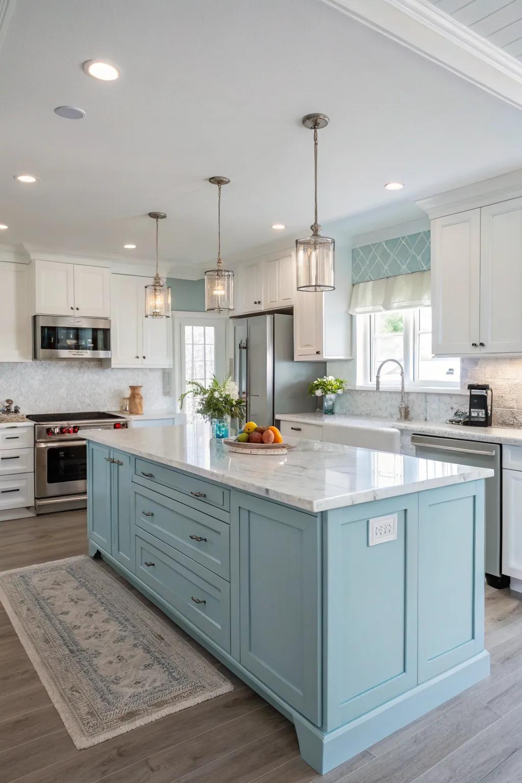 A kitchen with a delicate pastel blue island adding a vintage touch against white cabinets.