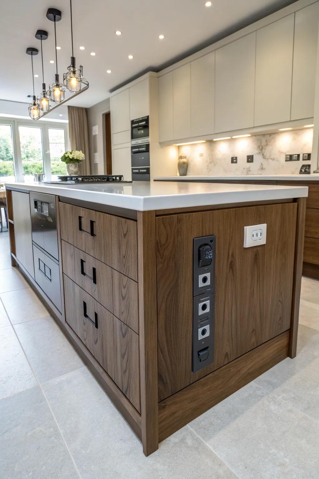 Integrated outlets blend effortlessly with the kitchen design.