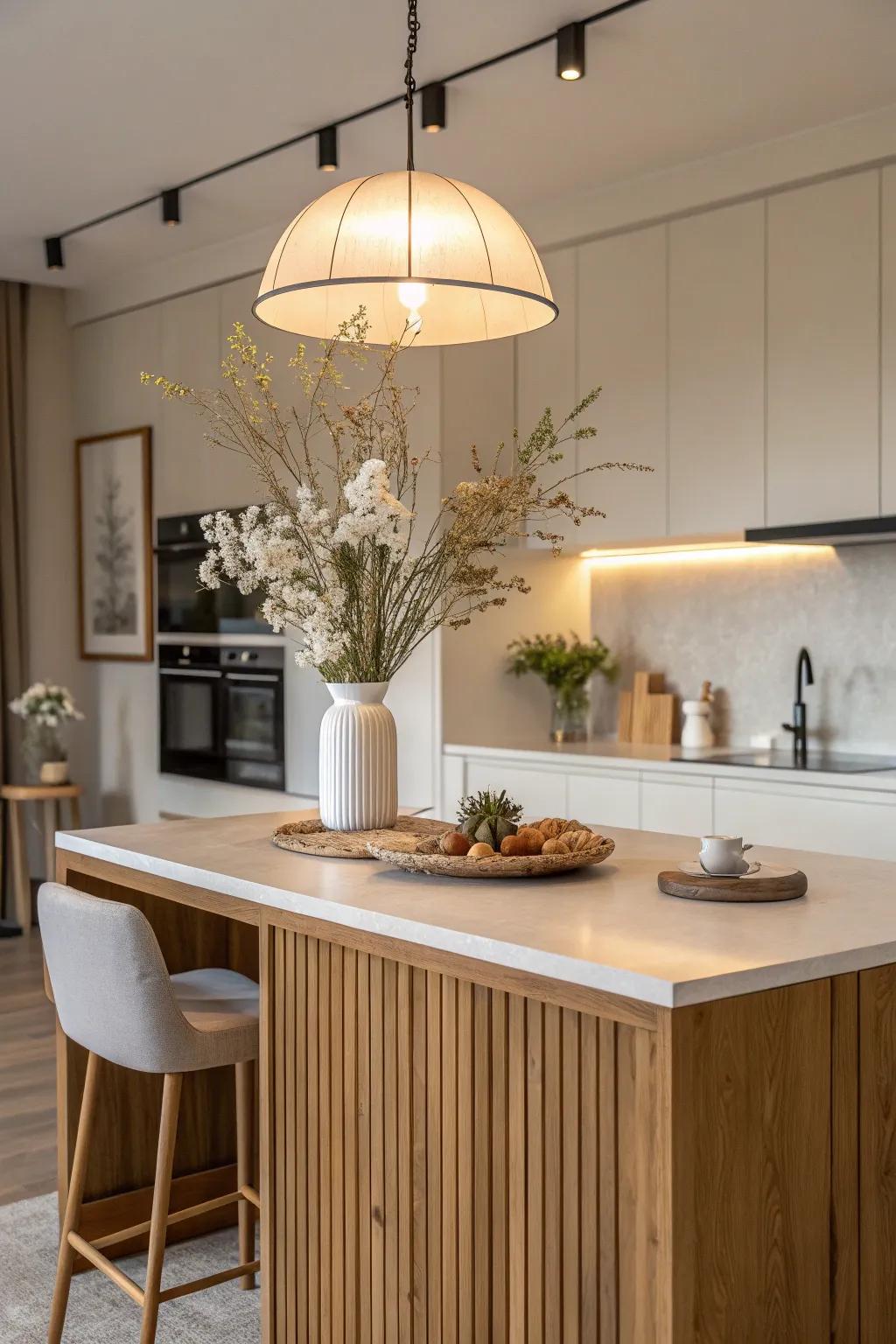 Transform your kitchen island into a captivating focal point with elegant lighting and natural decor.