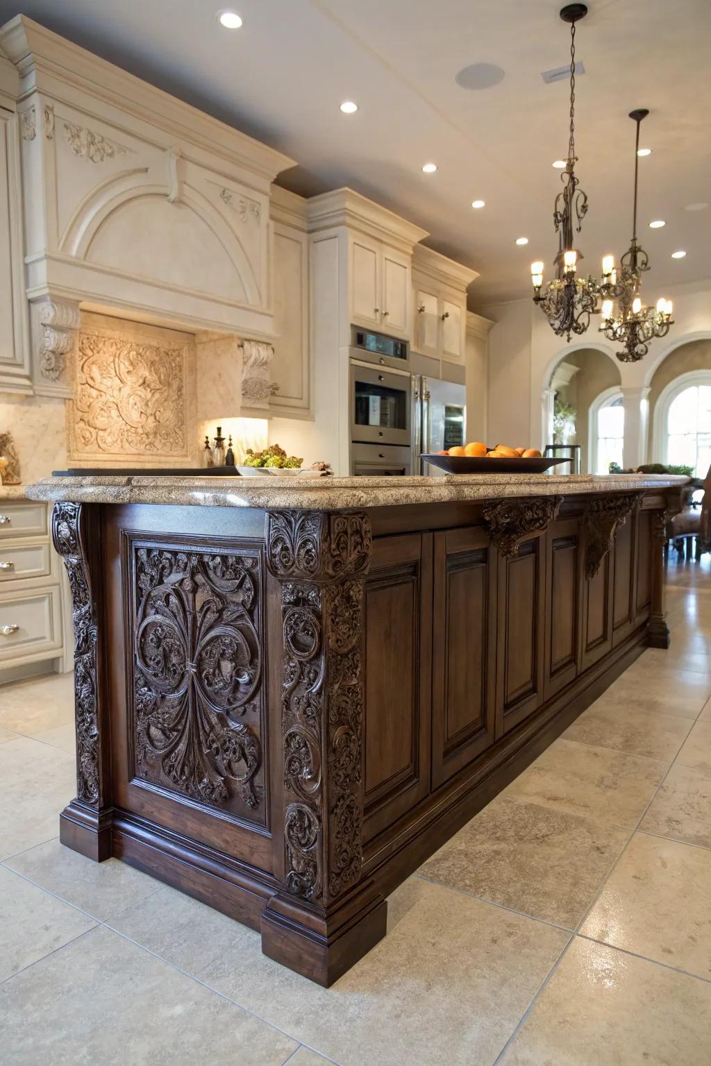 Elegant kitchen island with detailed molding for a luxurious feel.